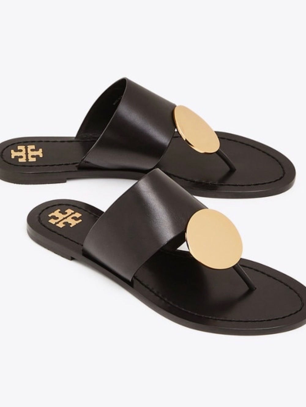 Tory Burch Patos Disk Leather Sandals Black Gold Size 8